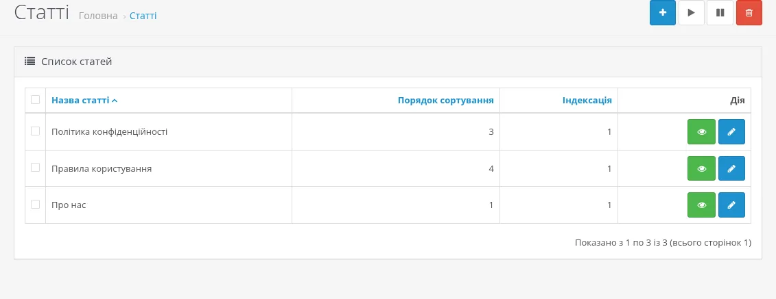 список статей у розділі Каталог → Статті