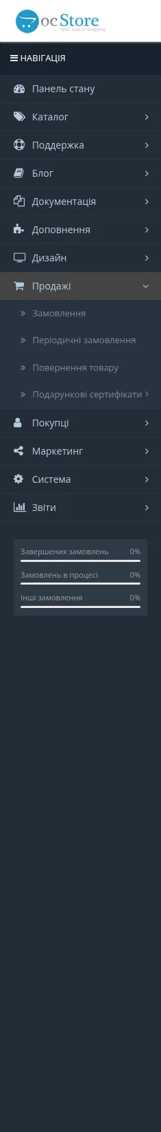 меню «Продажі» в адмін-панелі ocStore з пунктами Замовлення, Періодичні замовлення, Повернення товару, Подарункові сертифікати