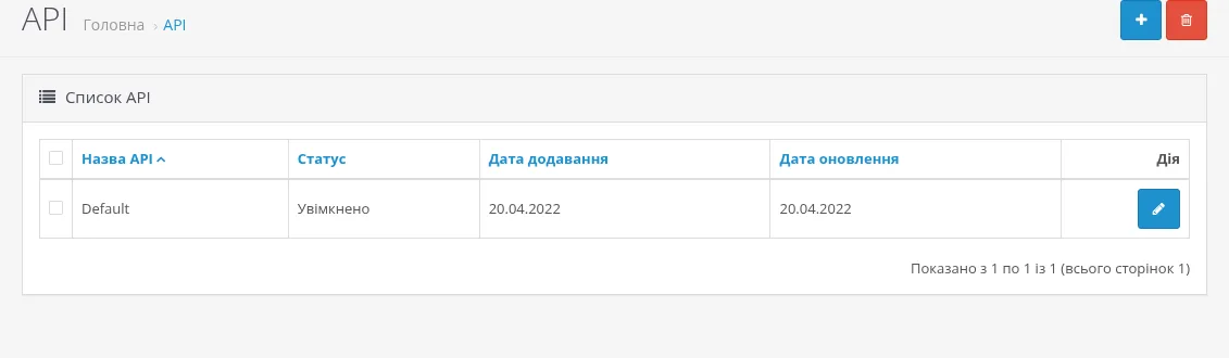 список API у розділі «Система → Користувачі → API»